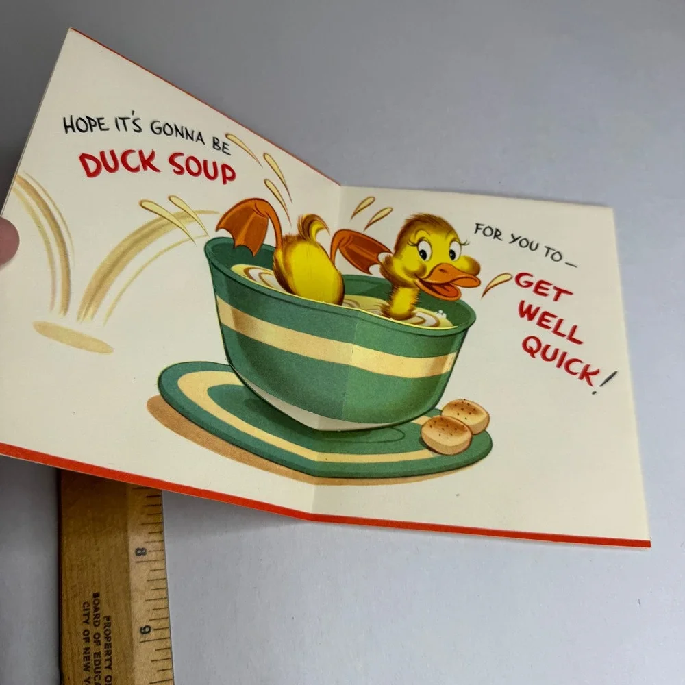 Vintage 50's Get Well Quick Pop Up Greeting Card Duck Soup Anthropomorphic USA